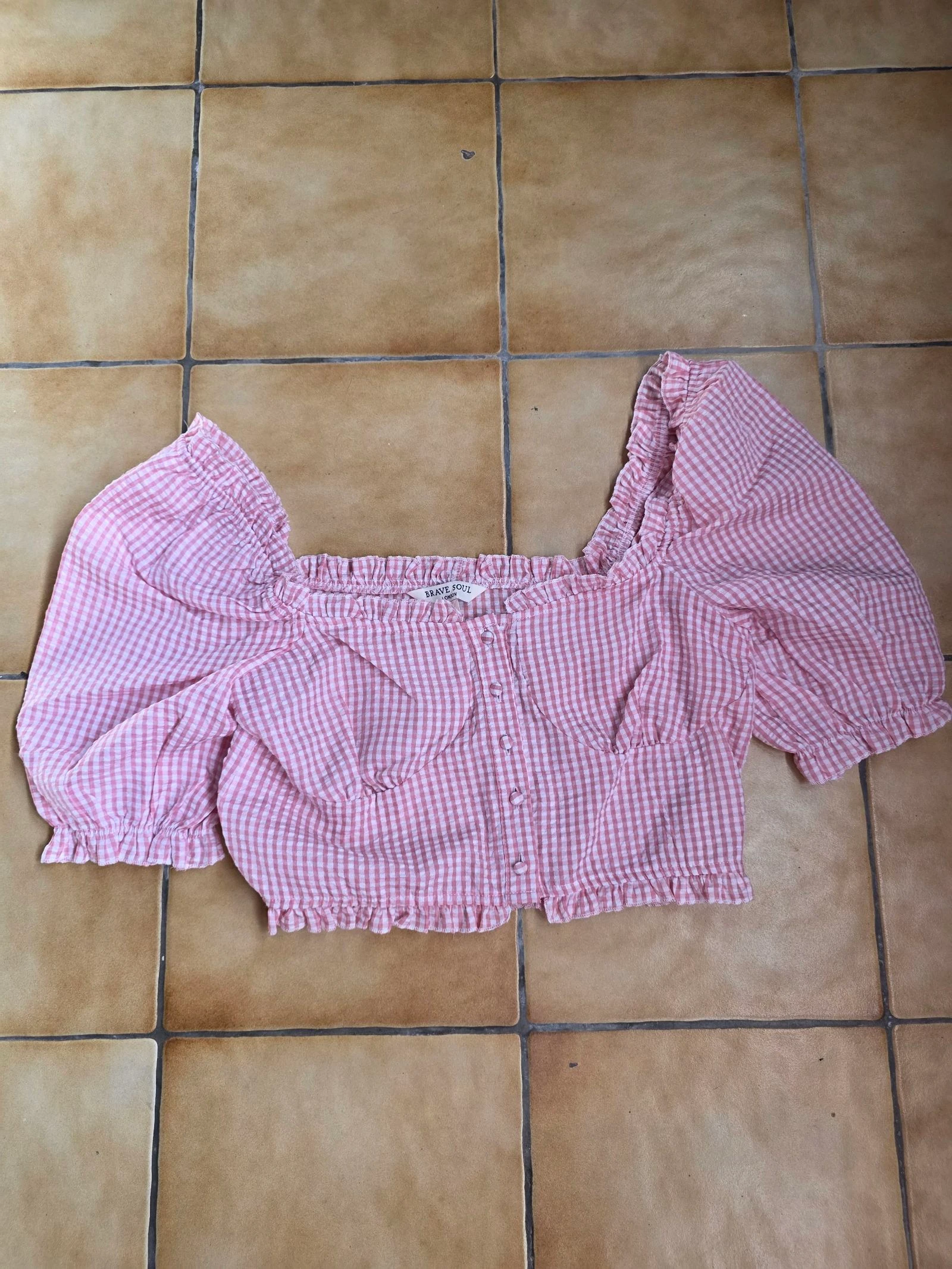 Top cropped vichy com ombros à mostra estilo milkmaid cottagecore rosa gingham milkmaid tamanho G – photo 5